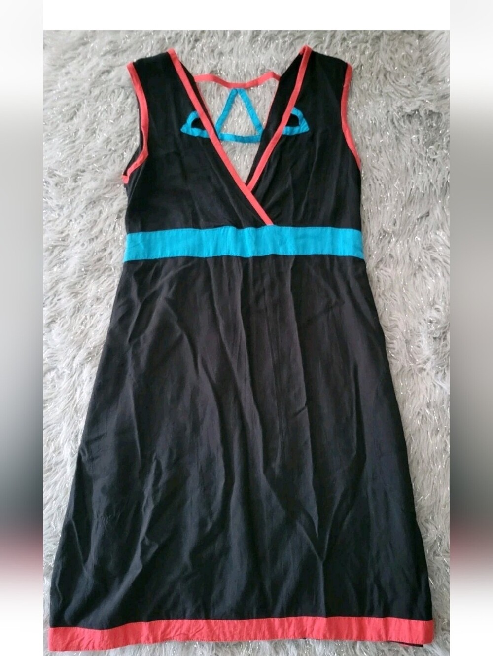Vintage Y2k 90s 80s Black Neon Midi Sleeveless Dress Empire Waist Geometric M - Picture 3 of 8